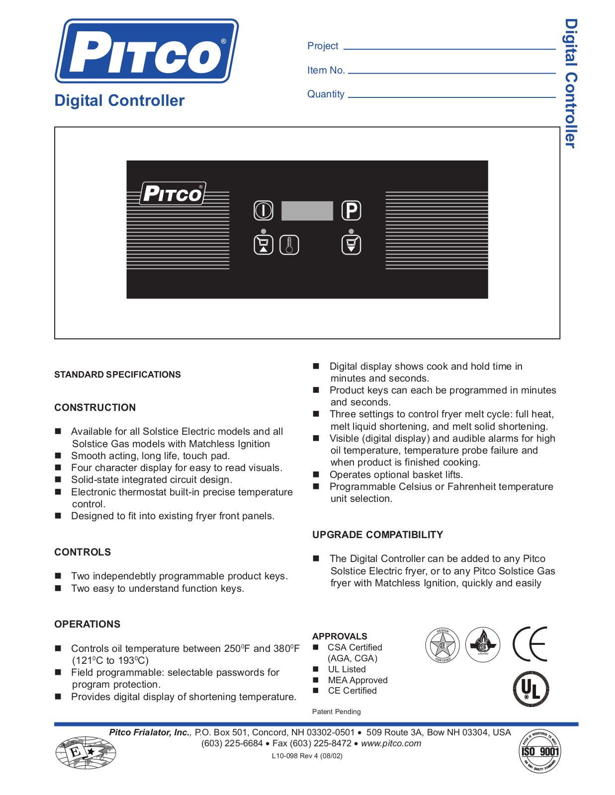 Pitco Frialator Digital Controller General Manual