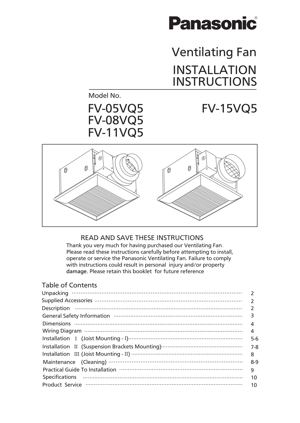 Panasonic FV-15VQ5, FV-11VQ5, FV-08VQ5, FV-05VQ5 User Manual