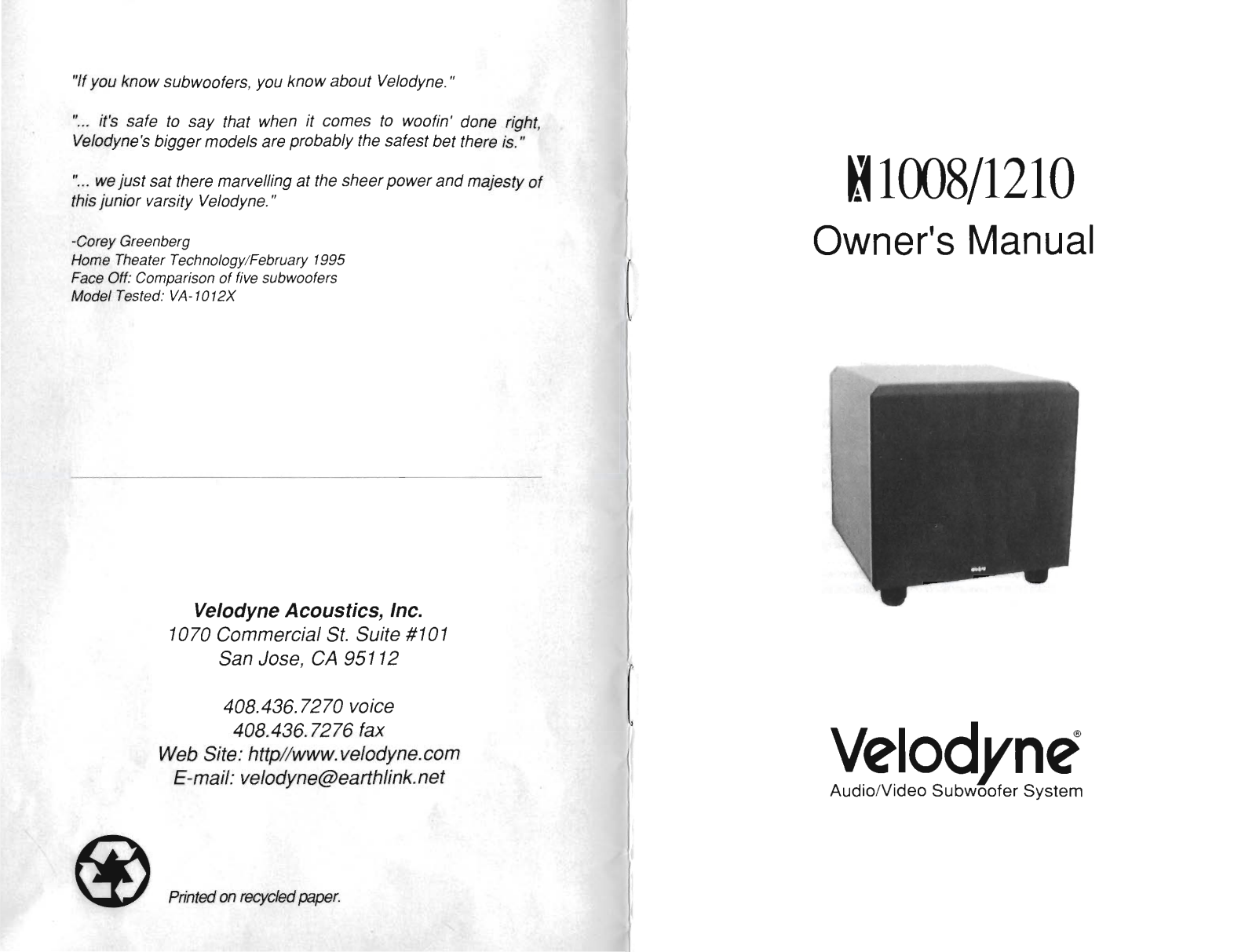 Velodyne Acoustics VA-1208 Owners manual