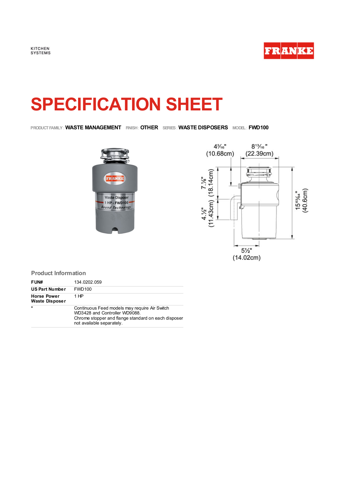 Franke FWD100 Specifications