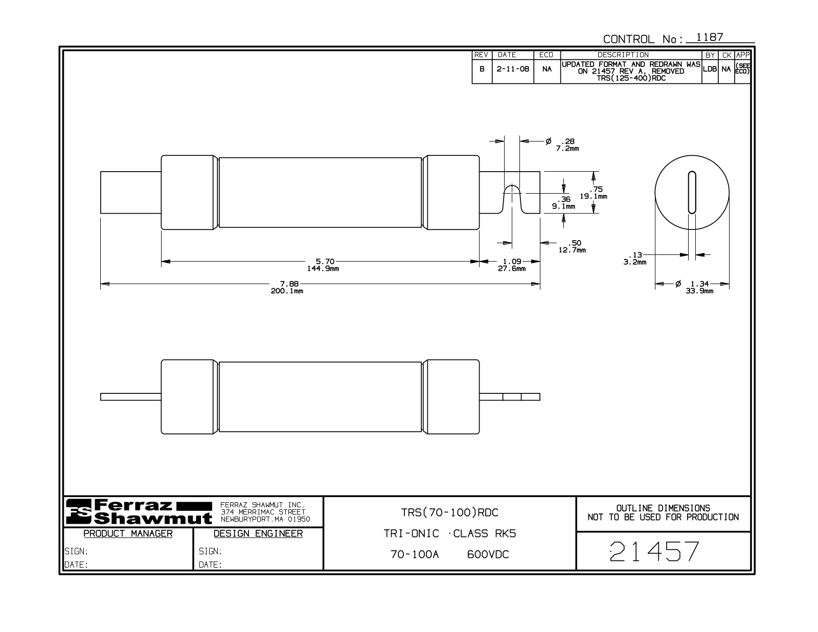 Mersen, formerly Ferraz Shawmut TRS(70-100)RDC Dimensional Sheet