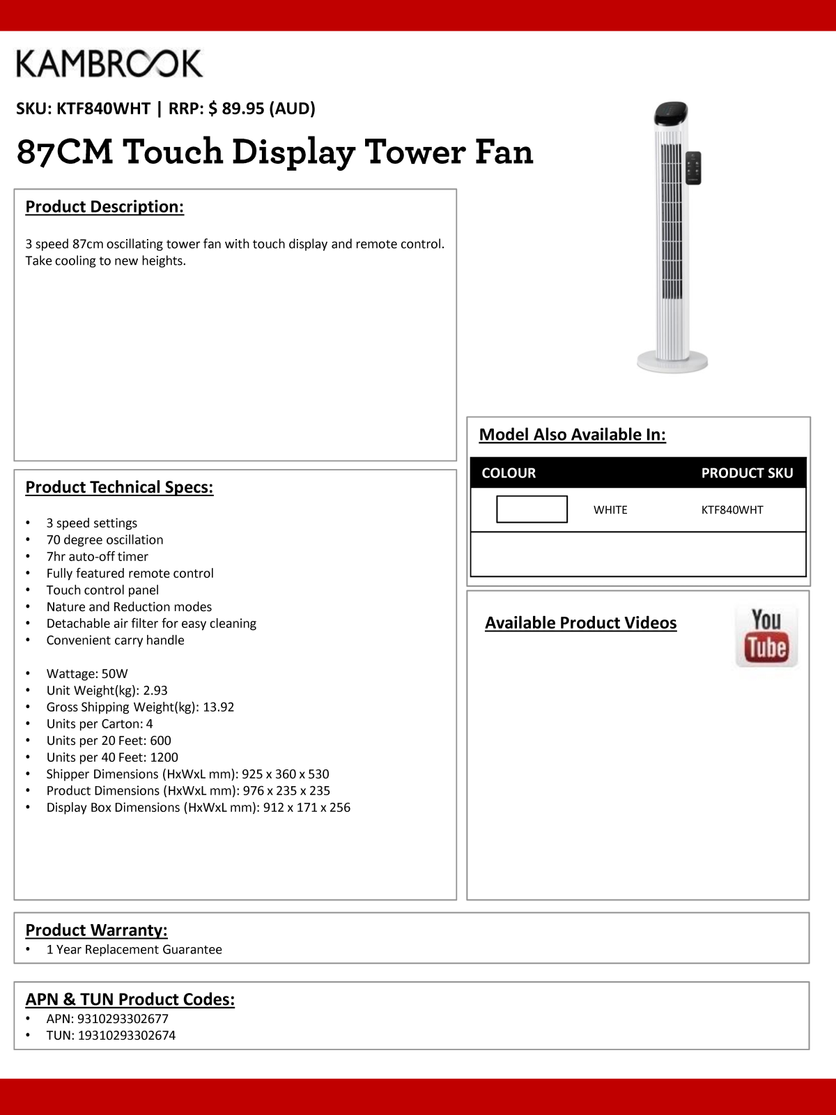 Kambrook KTF840WHT Specifications Sheet