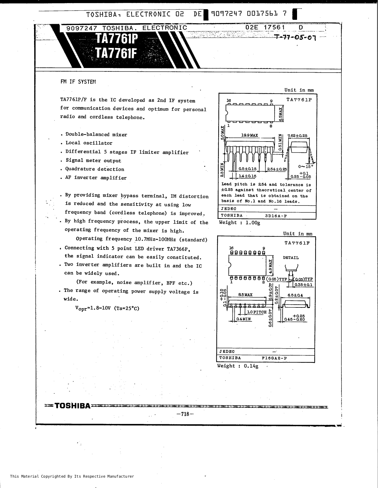 Toshiba TA7761P Datasheet