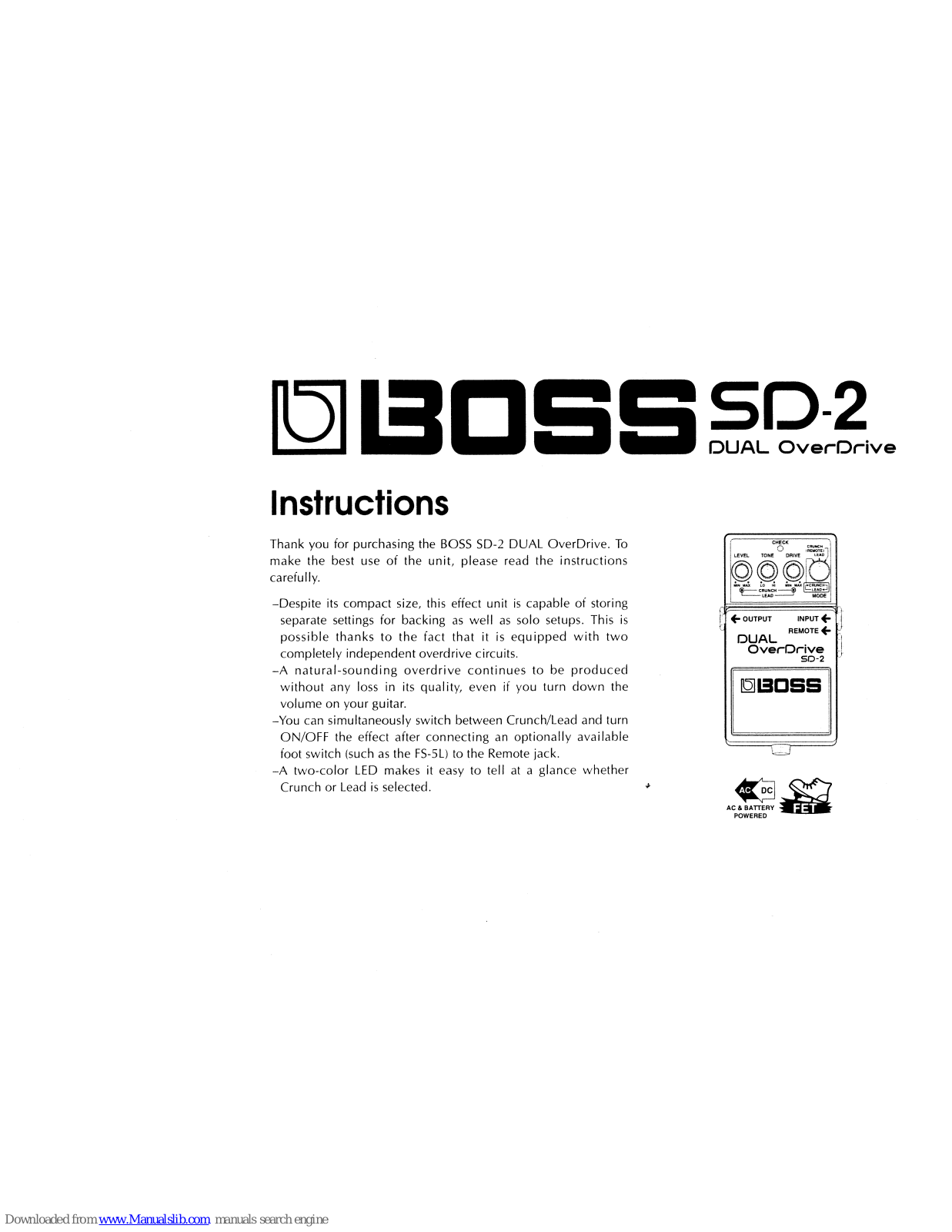 Boss SD-2 Dual Overdrive Instructions Manual