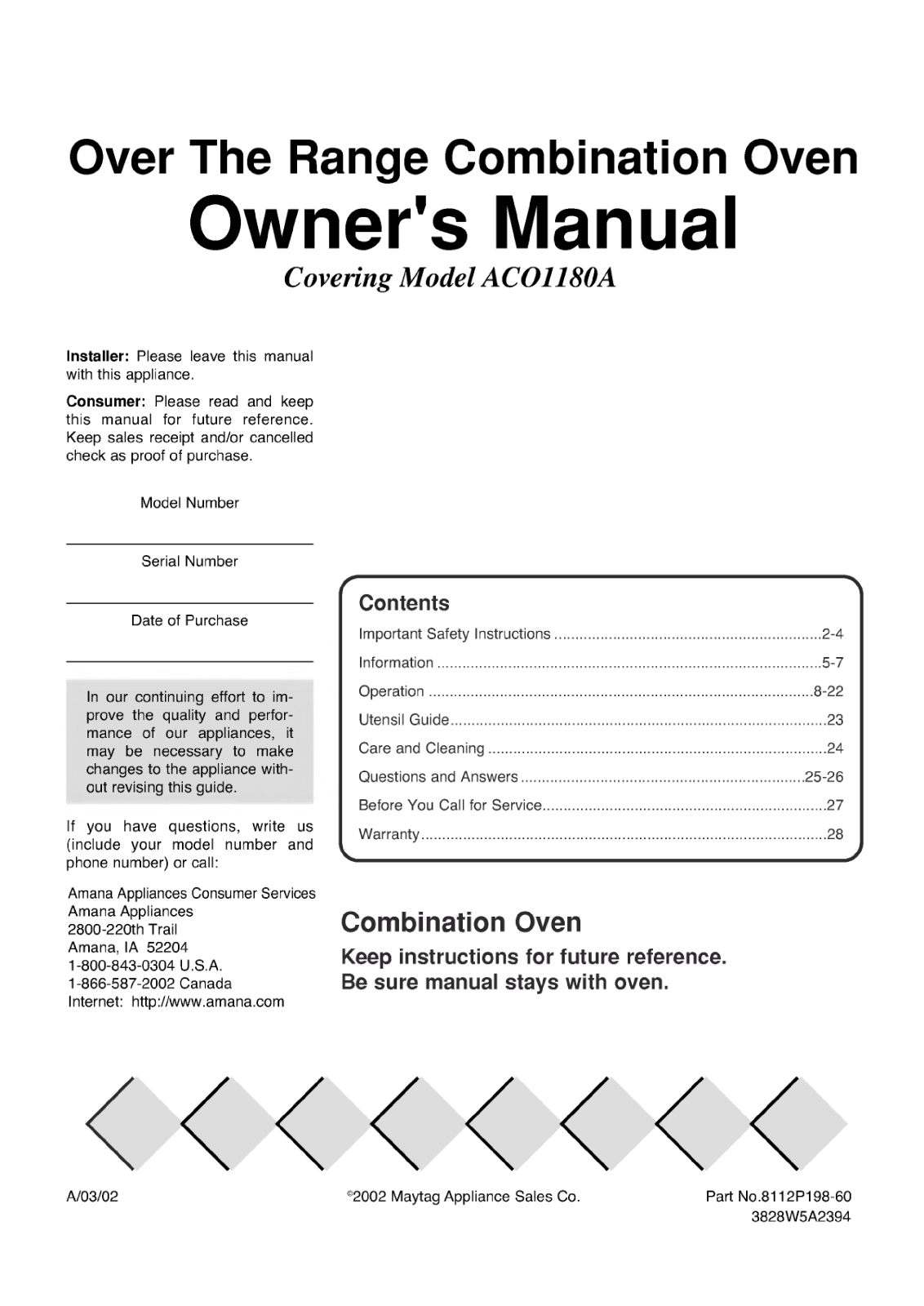 Amana Aco1180aw Owner's Manual