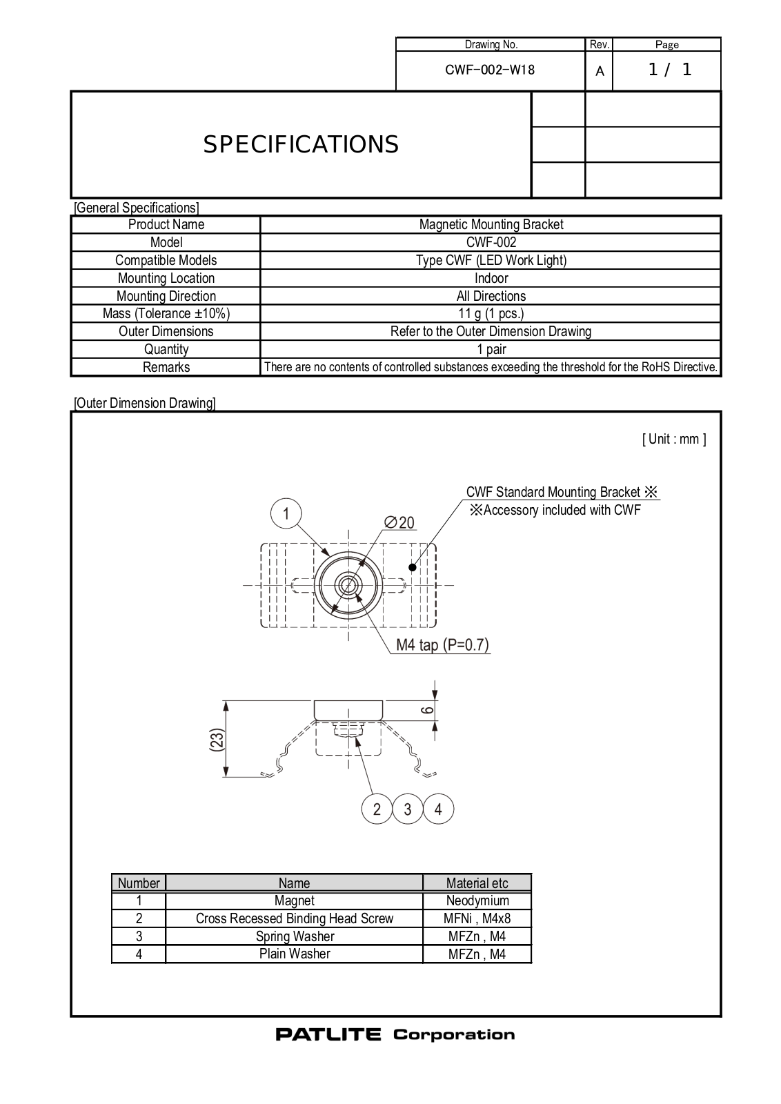 Patlite CWF-002 Specifications