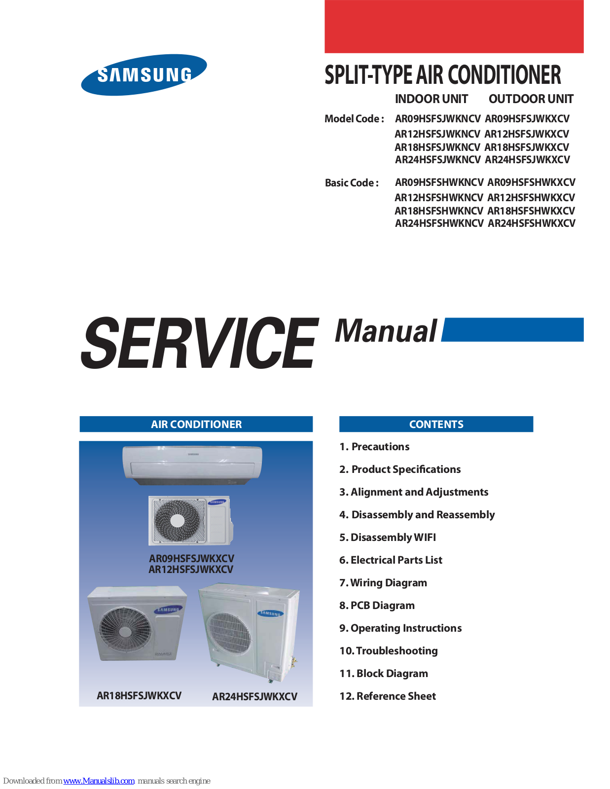 Samsung AR09HSFSHWKXCV, AR24HSFSHWKNCV, AR12HSFSHWKNCV, AR18HSFSHWKXCV, AR12HSFSHWKXCV Service Manual