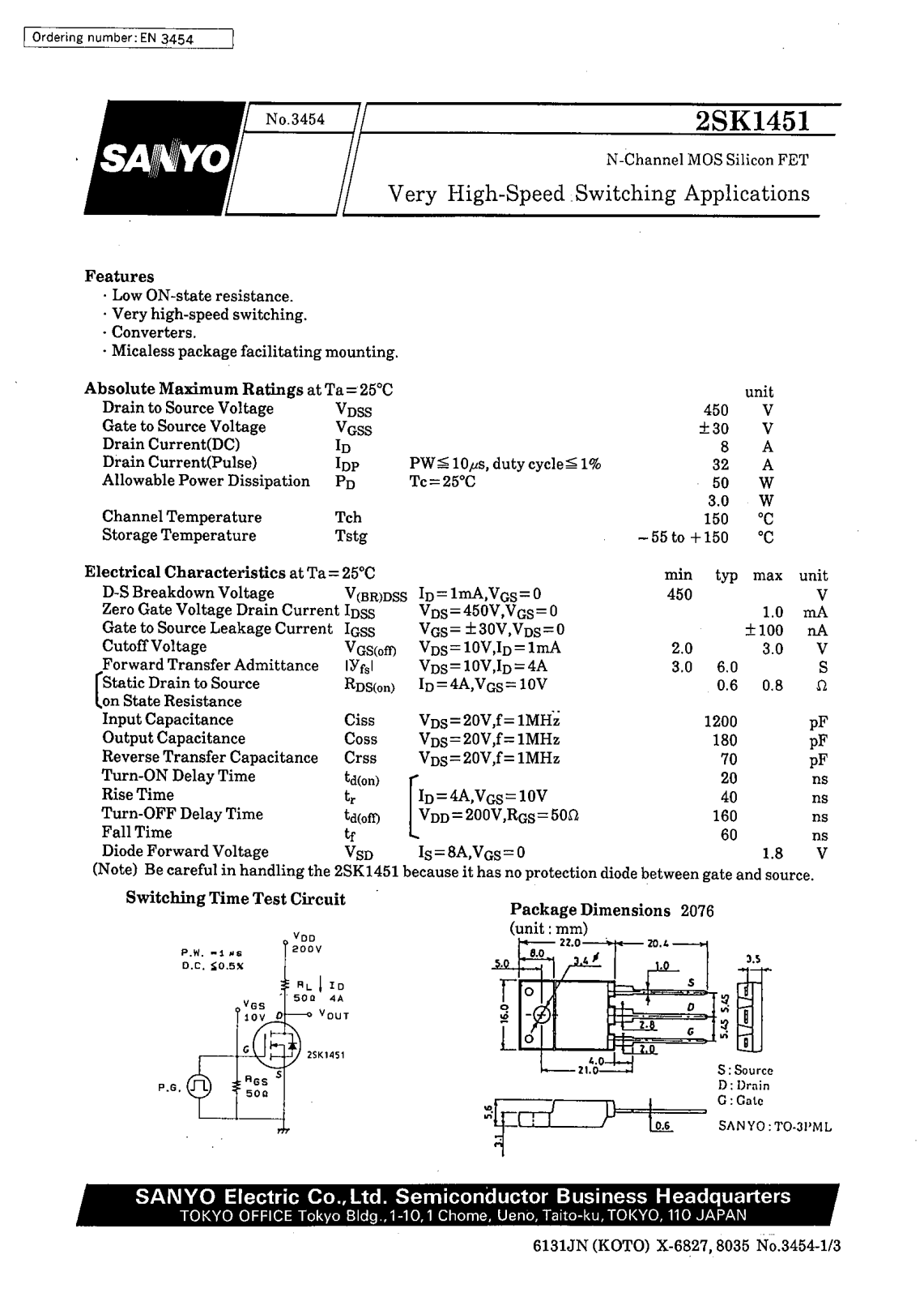 SANYO 2SK1451 Datasheet