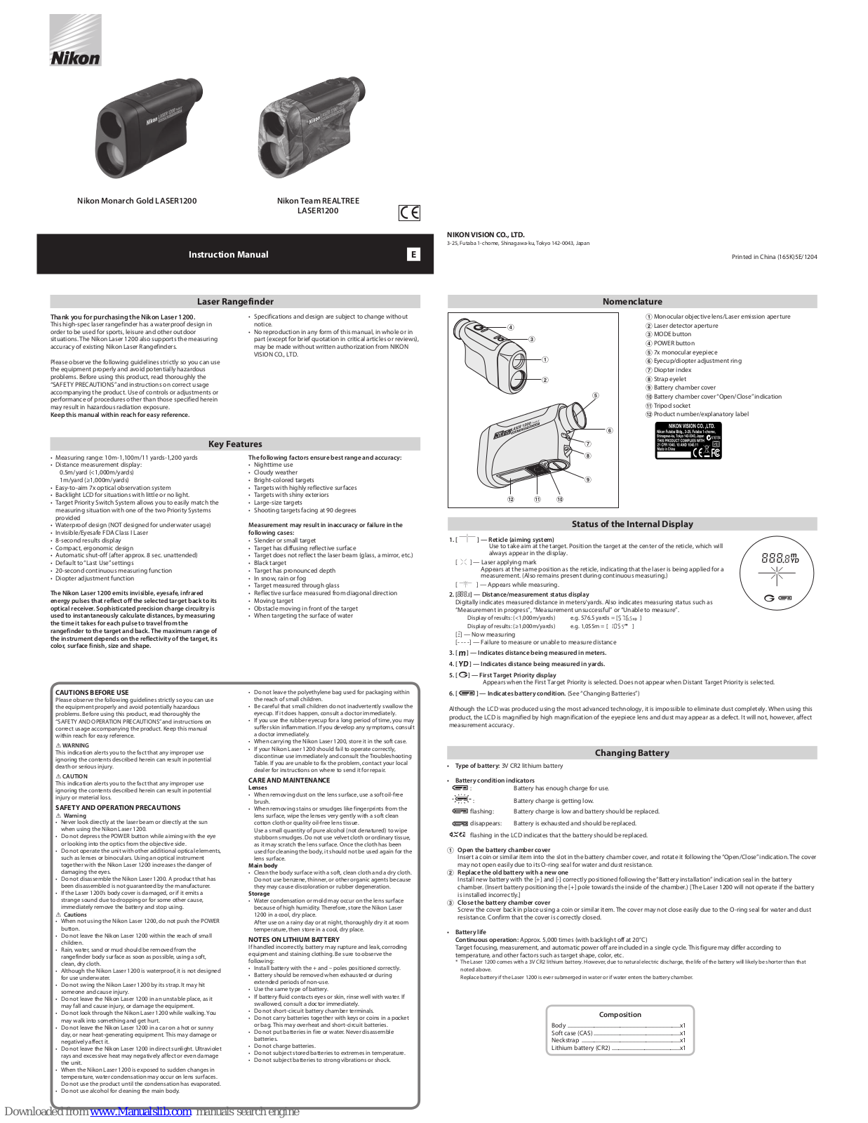 Nikon 7487 - Team Realtree Laser 1200 Rangefinder, Team REALTREE LASER1200, Monarch Gold LASER1200 Instruction Manual