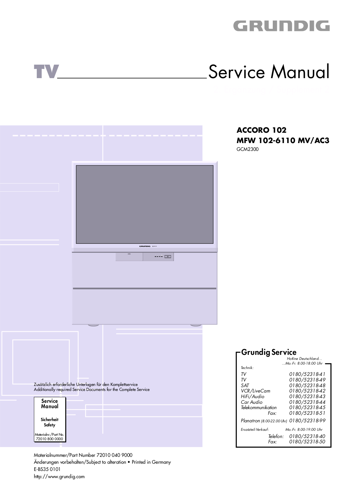 Grundig ACCORO 102, MFW 102-6110 MV-AC3 Service Manual