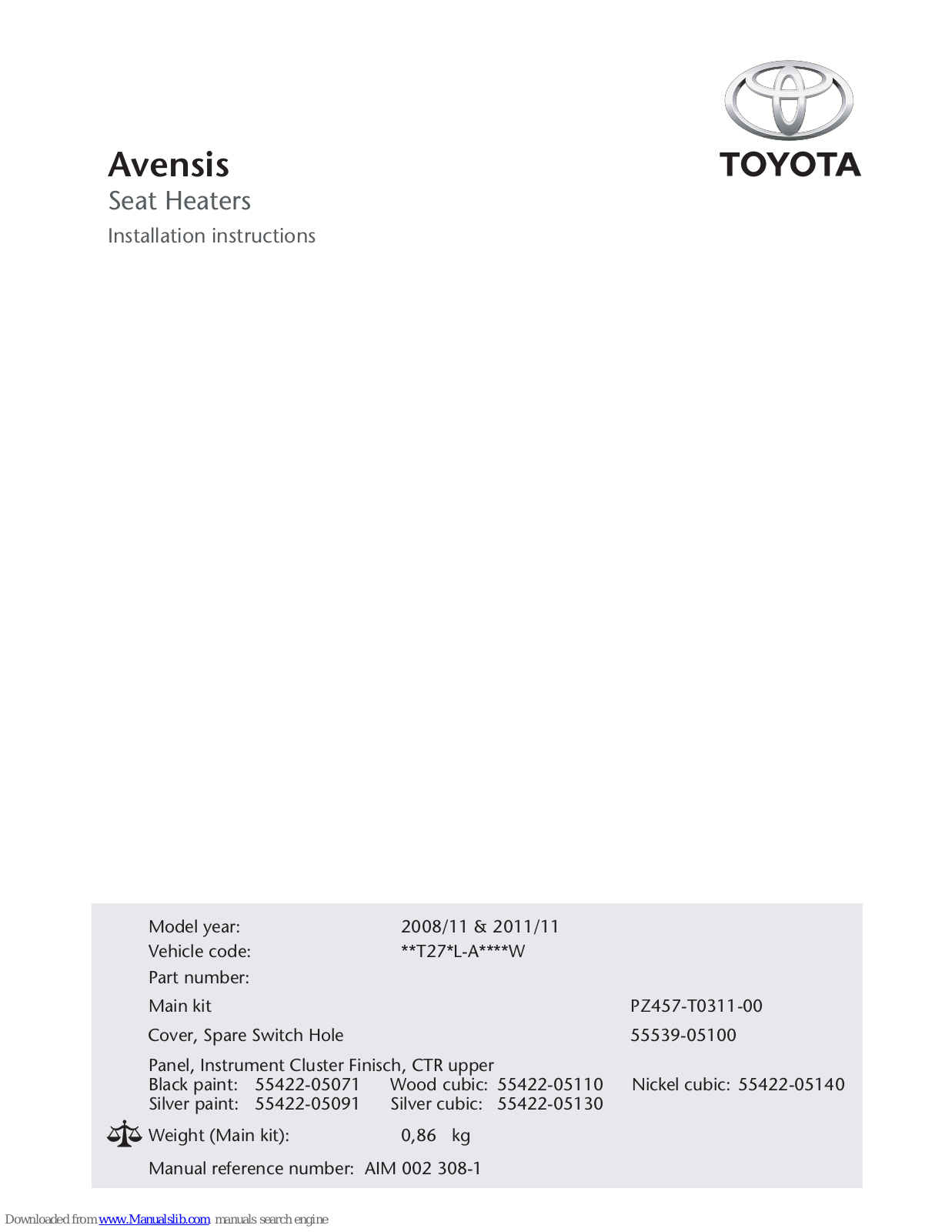 Toyota PZ457-T0311-00 Installation Manual