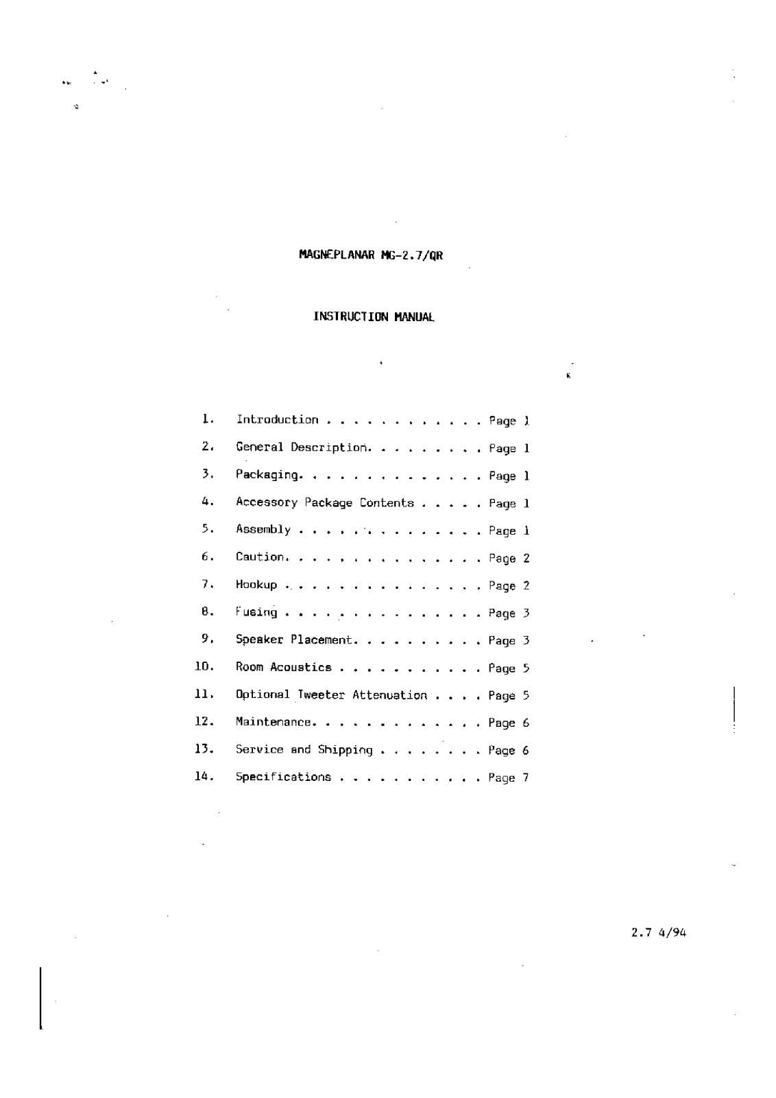 Magnepan MG-2.7-QR Owners manual