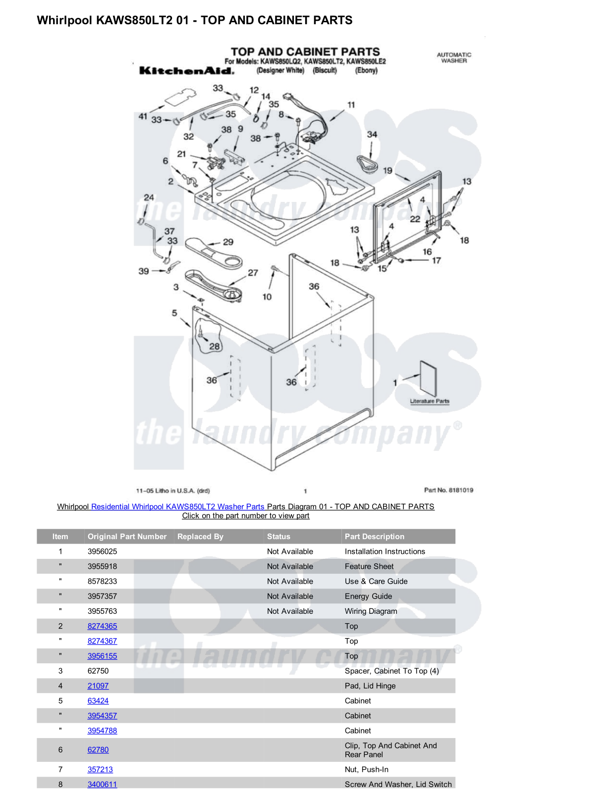 Whirlpool KAWS850LT2 Parts Diagram