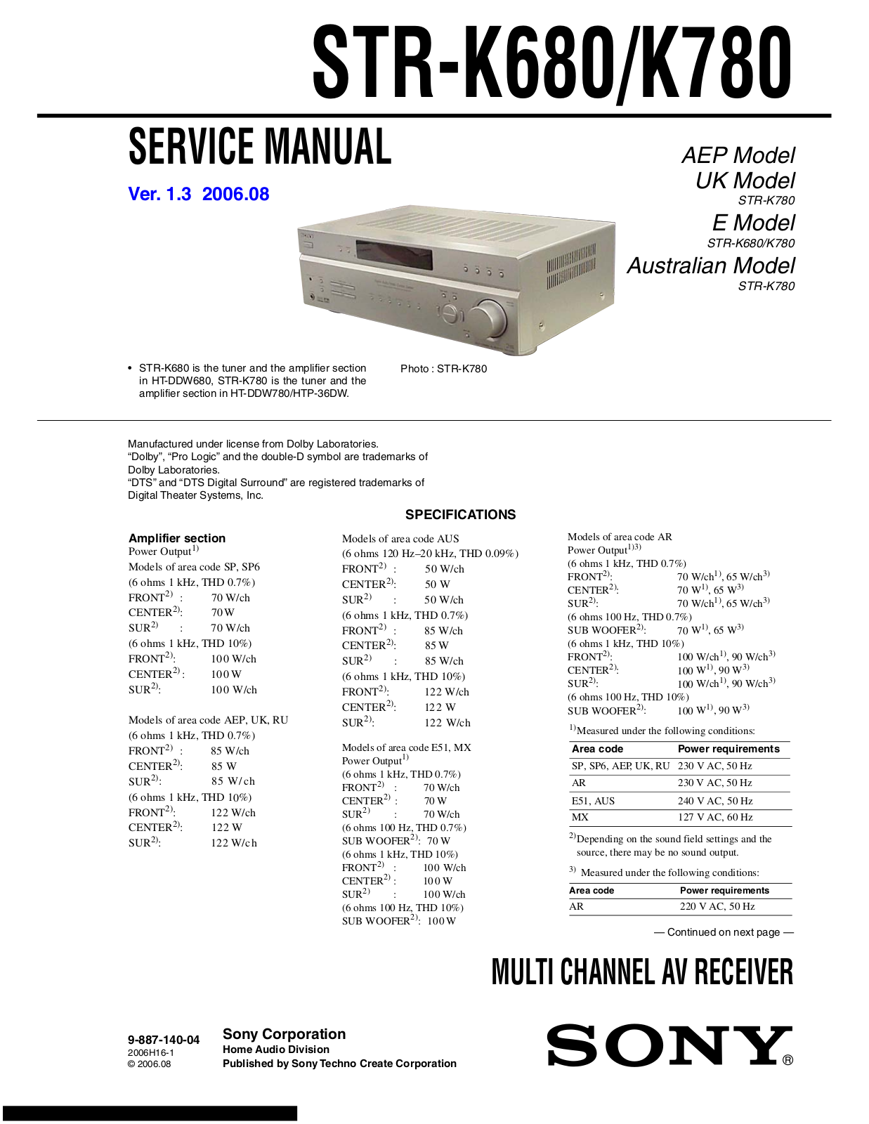 Sony Str-k680 Service Manual
