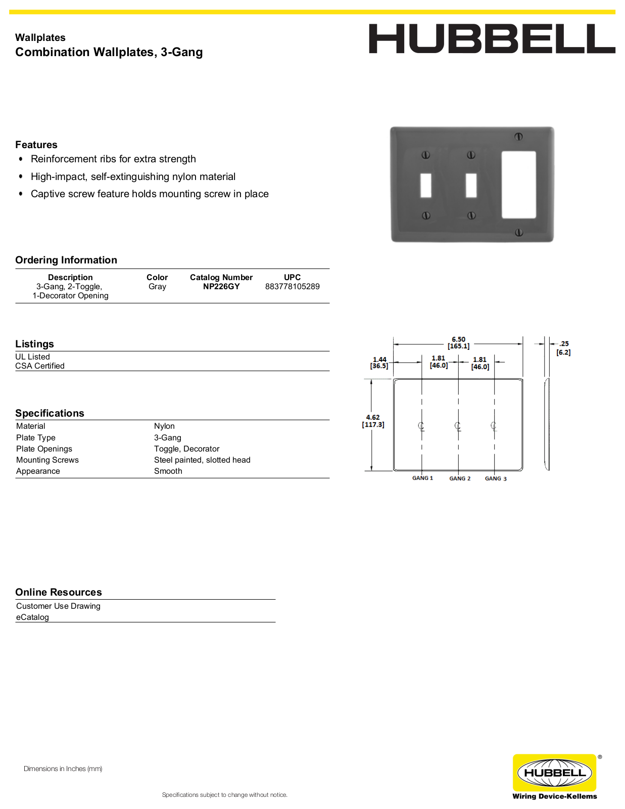 Hubbell NP226GY Specifications