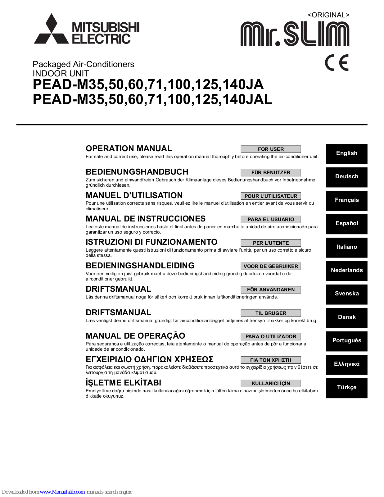 Mitsubishi Electric PEAD-M35, PEAD-M50, PEAD-M125, PEAD-M60, PEAD-M71 Operation Manual