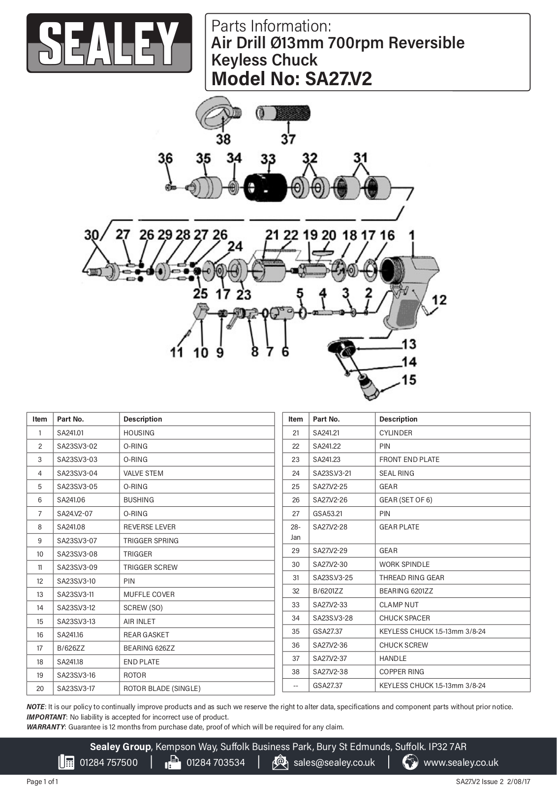Sealey sa27.v2 Parts Listing - ManualMachine.com