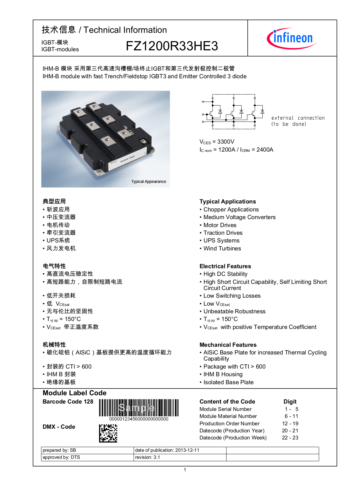 Infineon FZ1200R33HE3 Data Sheet