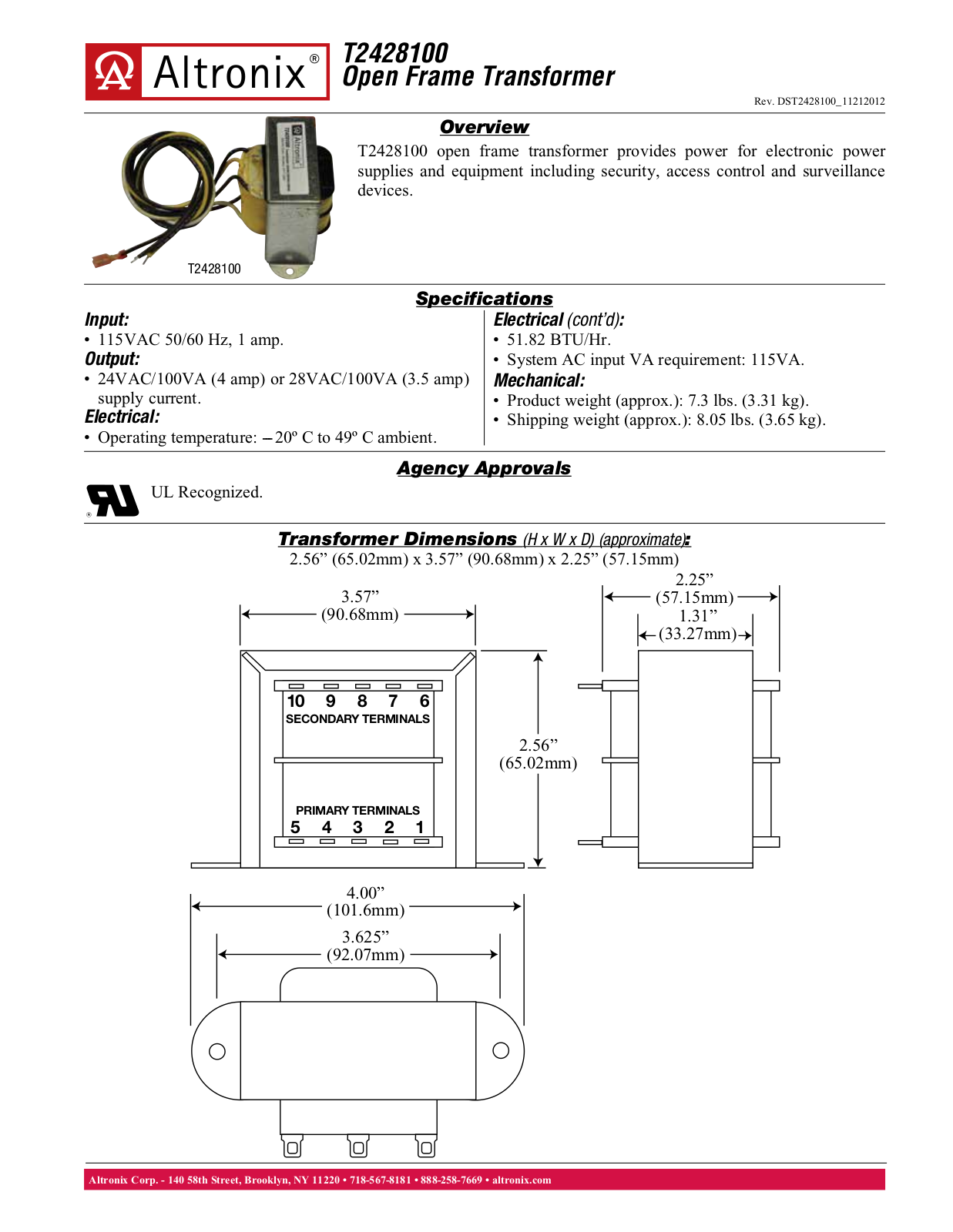 Altronix T2428100 Specsheet