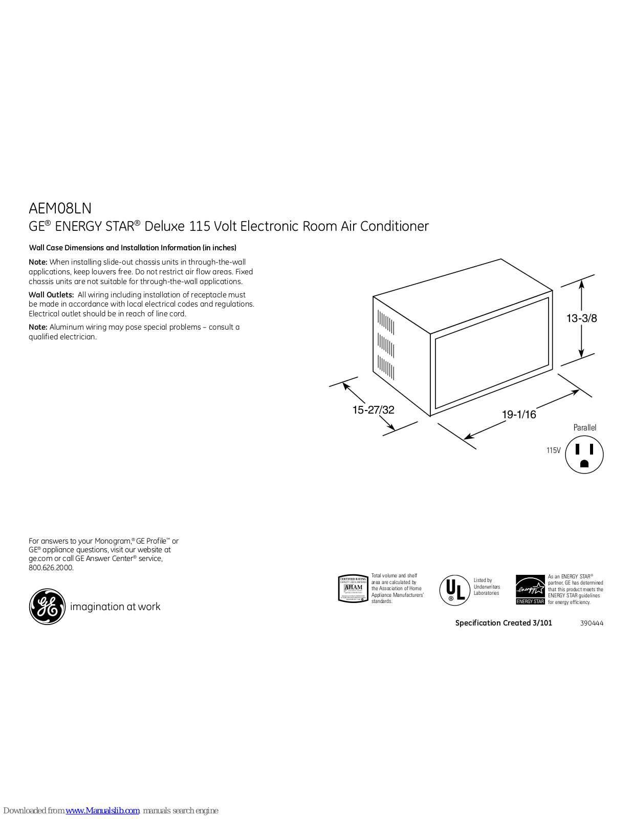 GE ENERGY STAR AEM08LN Dimensions And Installation Information