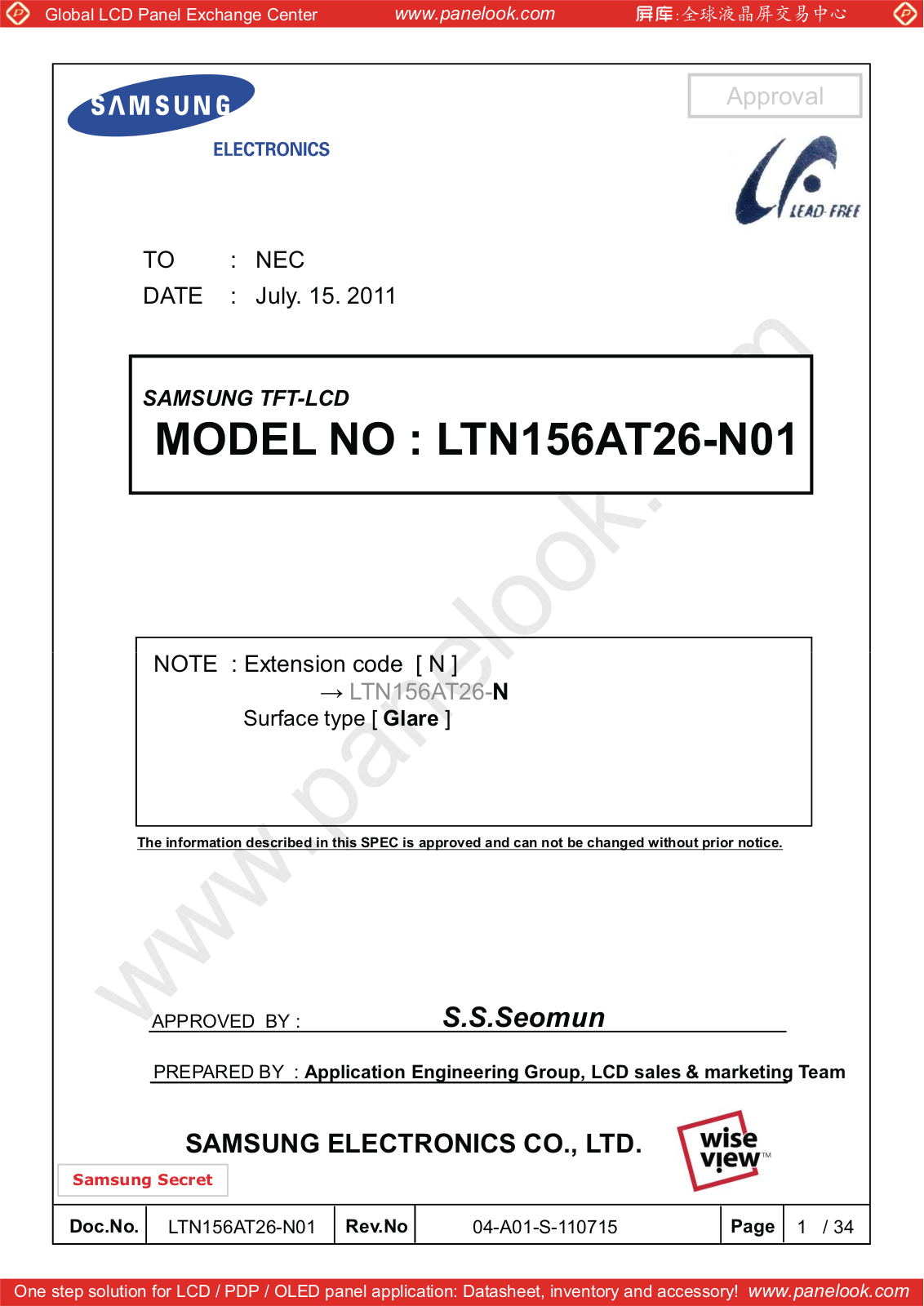 SAMSUNG LTN156AT26-N01 Specification