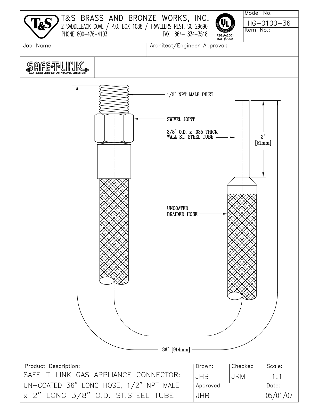 T&S Brass HG-0100-36 User Manual