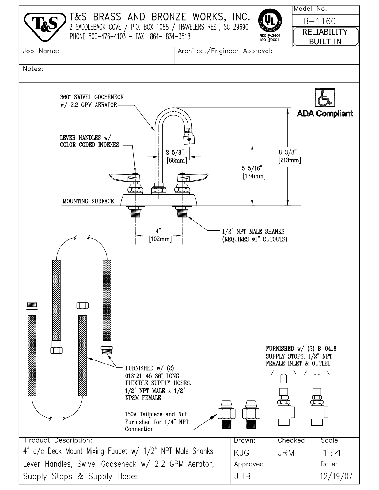 T&S Brass B-1160 User Manual