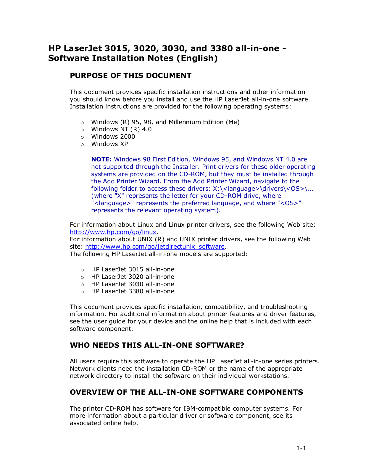 Hp LASERJET 3380, LASERJET 3015, LASERJET 3030 Software Installation Notes