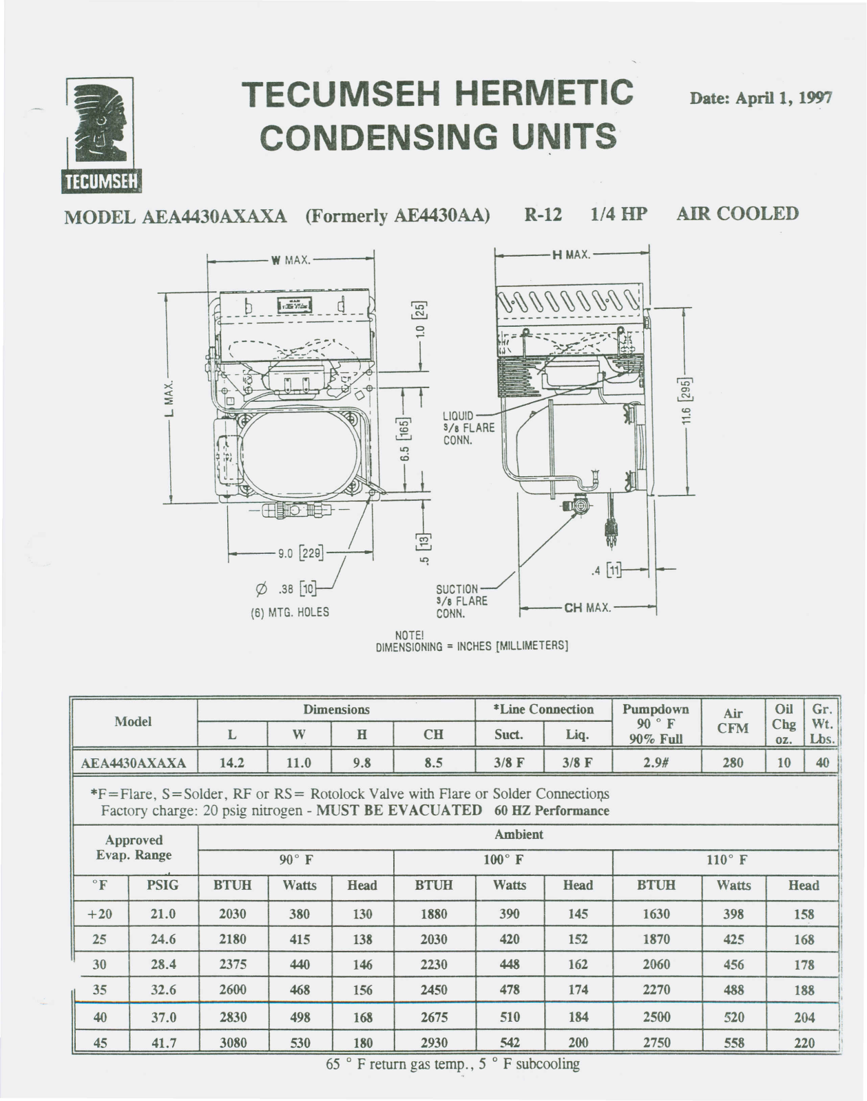 Tecumseh AEA4430AXAXA Performance Data Sheet