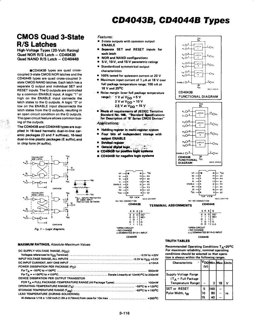 Texas Instruments CD4043BPWR, CD4043BNSR, CD4043BM, CD4043BF3A, CD4043BE Datasheet