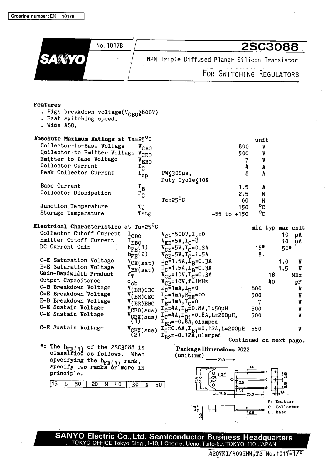 SANYO 2SC3088 Datasheet