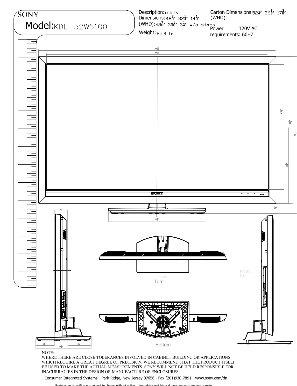 Sony KDL-52W5100 Dimensions Diagram