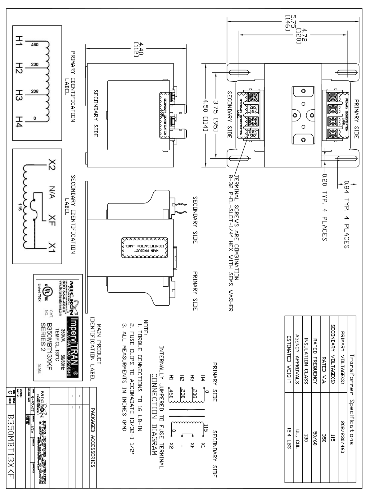 Micron Industries B350MBT13XKF Specification Sheet