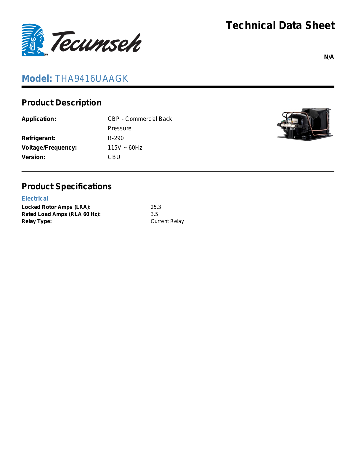 Tecumseh THA9416UAAGK Technical Data Sheet