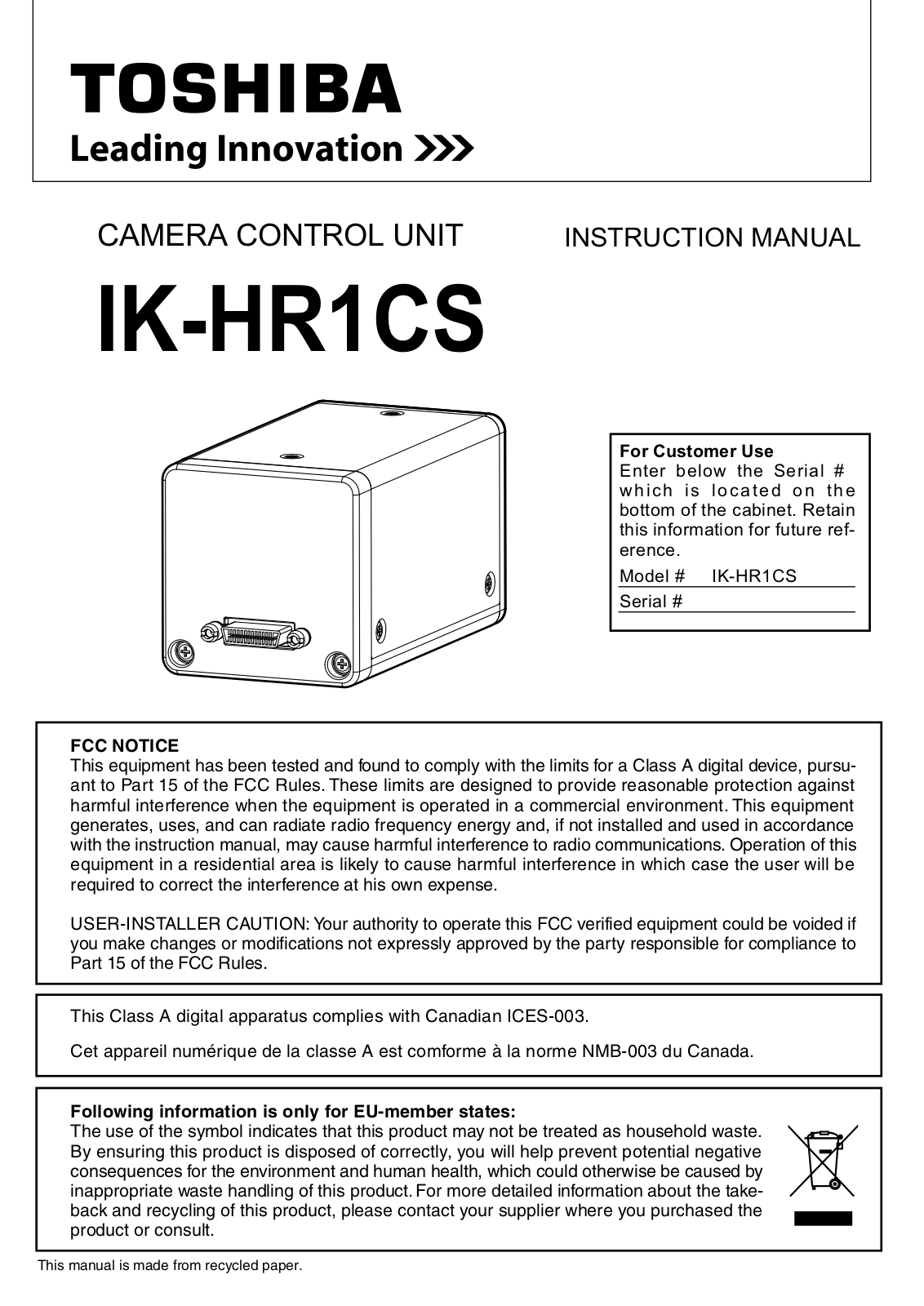 Toshiba IK-HR1CS User Manual