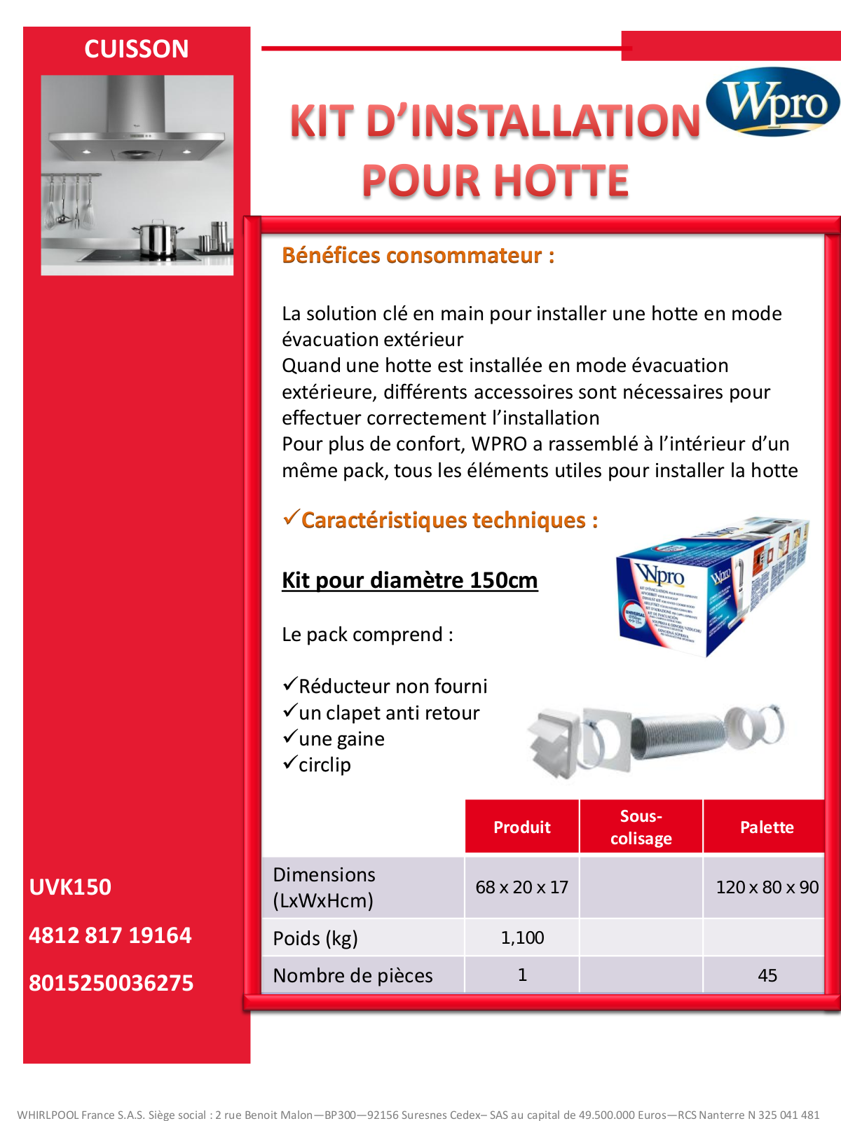 Wpro UVK150 product sheet - ManualMachine.com