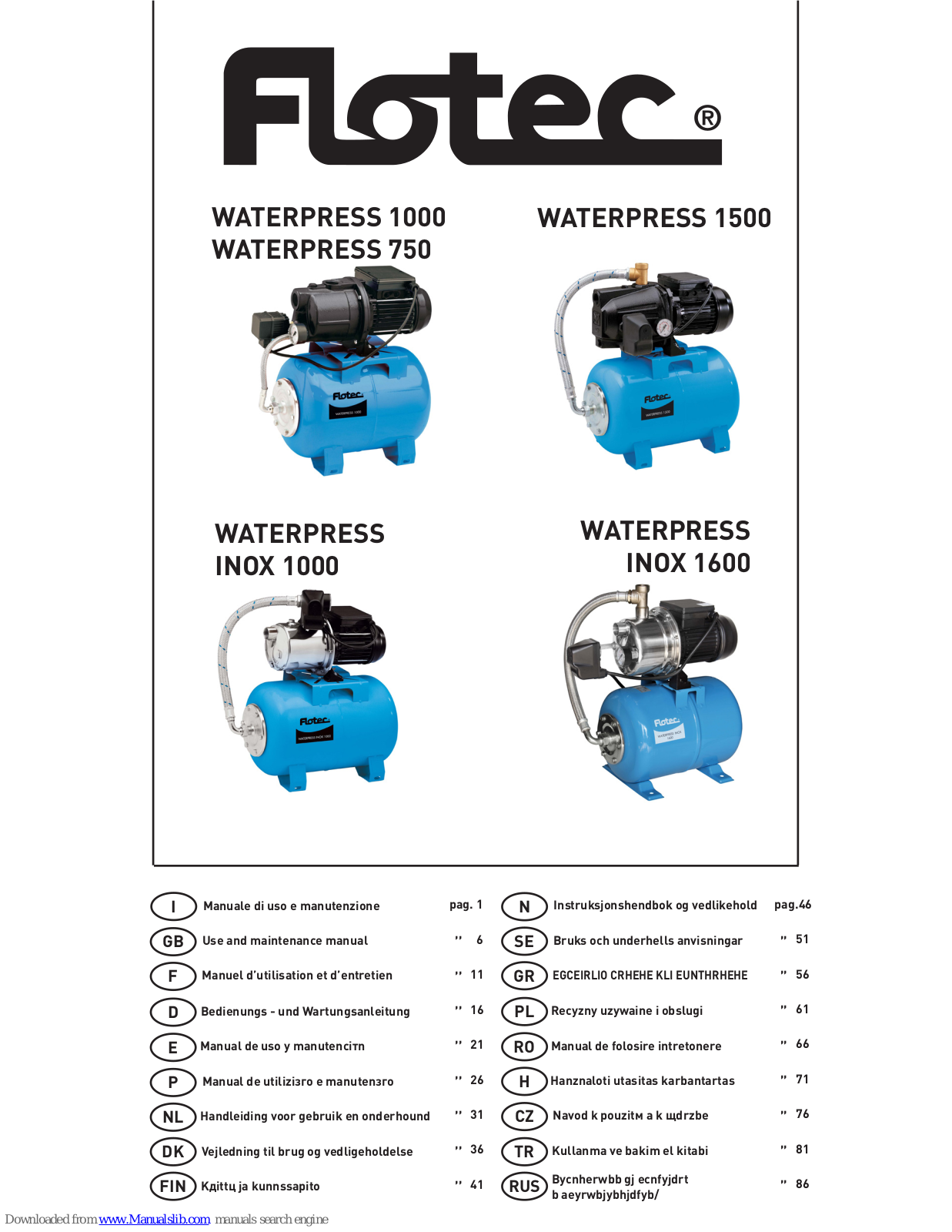 Flotec WATERPRESS 1000, WATERPRESS 750, WATERPRESS INOX 1000, WATERPRESS INOX 1600, WATERPRESS 1500 Use And Maintenance Manual