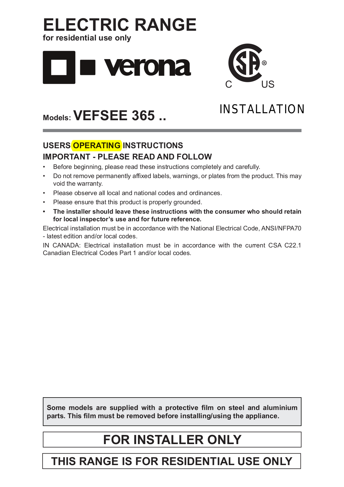 Verona VEFSEE365W Installation Manual