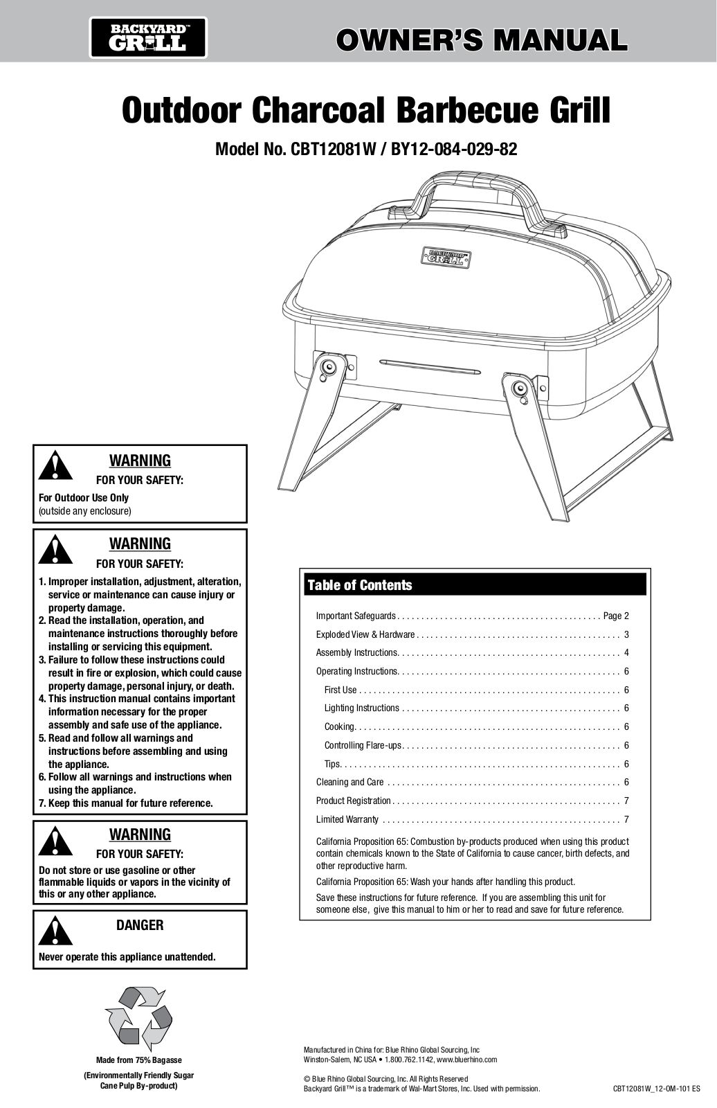 Backyard Grill CBT-12081W, By12-084-029-82 Owner's Manual