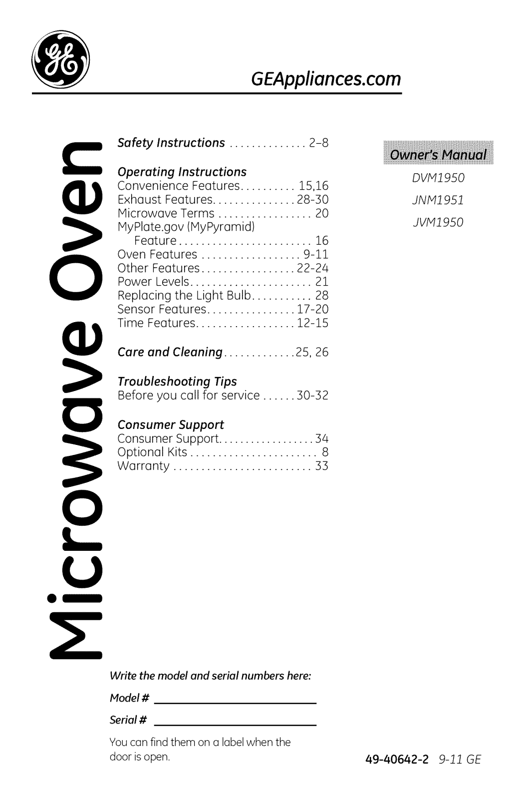 GE JVM1950SR1SS, JVM1950DR1WW, JVM1950DR1CC, JVM1950DR1BB, JNM1951SR1SS Owner’s Manual