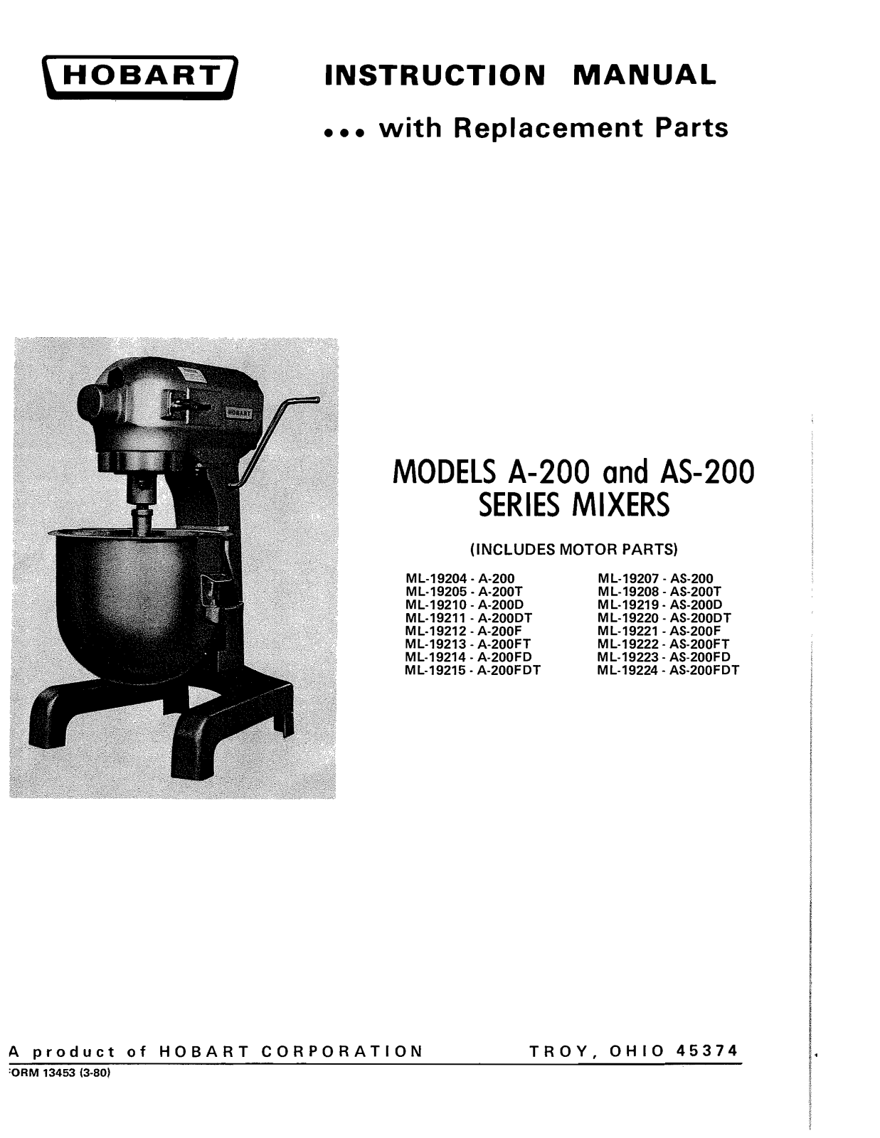 Hobart A-200, A-200T, A-200DT, A-200D, A-200F Instruction Manual