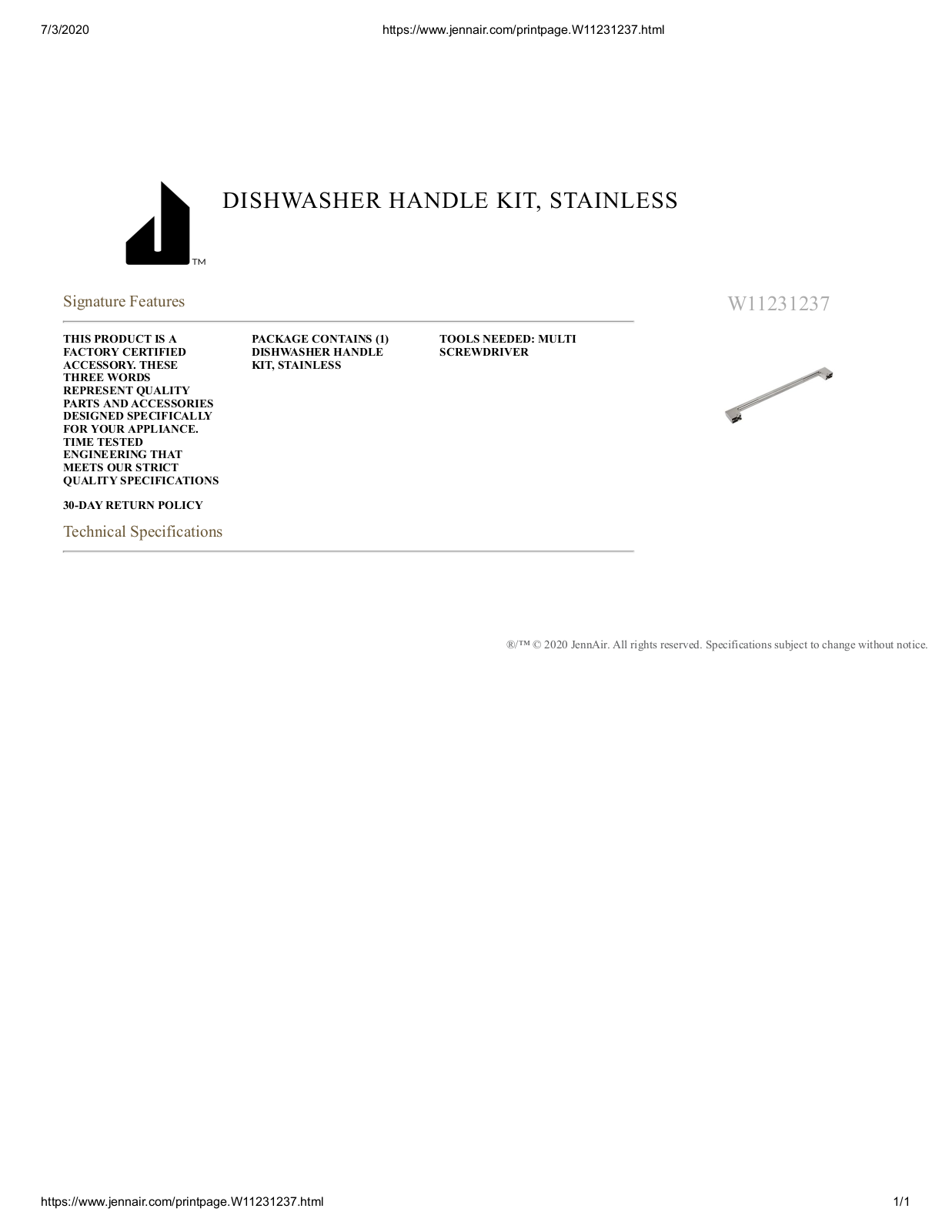 JennAir W11231237 Specification Sheet