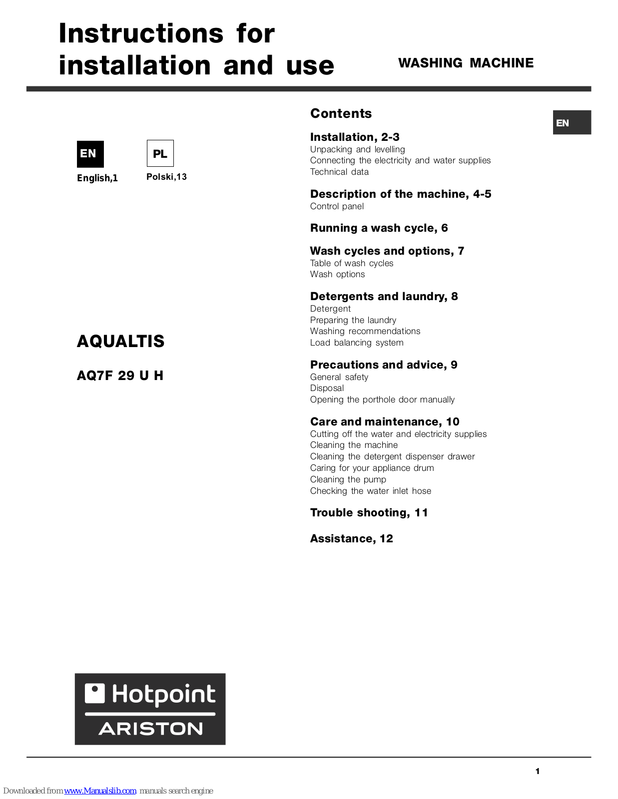 Hotpoint Ariston AQ7F 29 U H Instructions For Installation And Use Manual