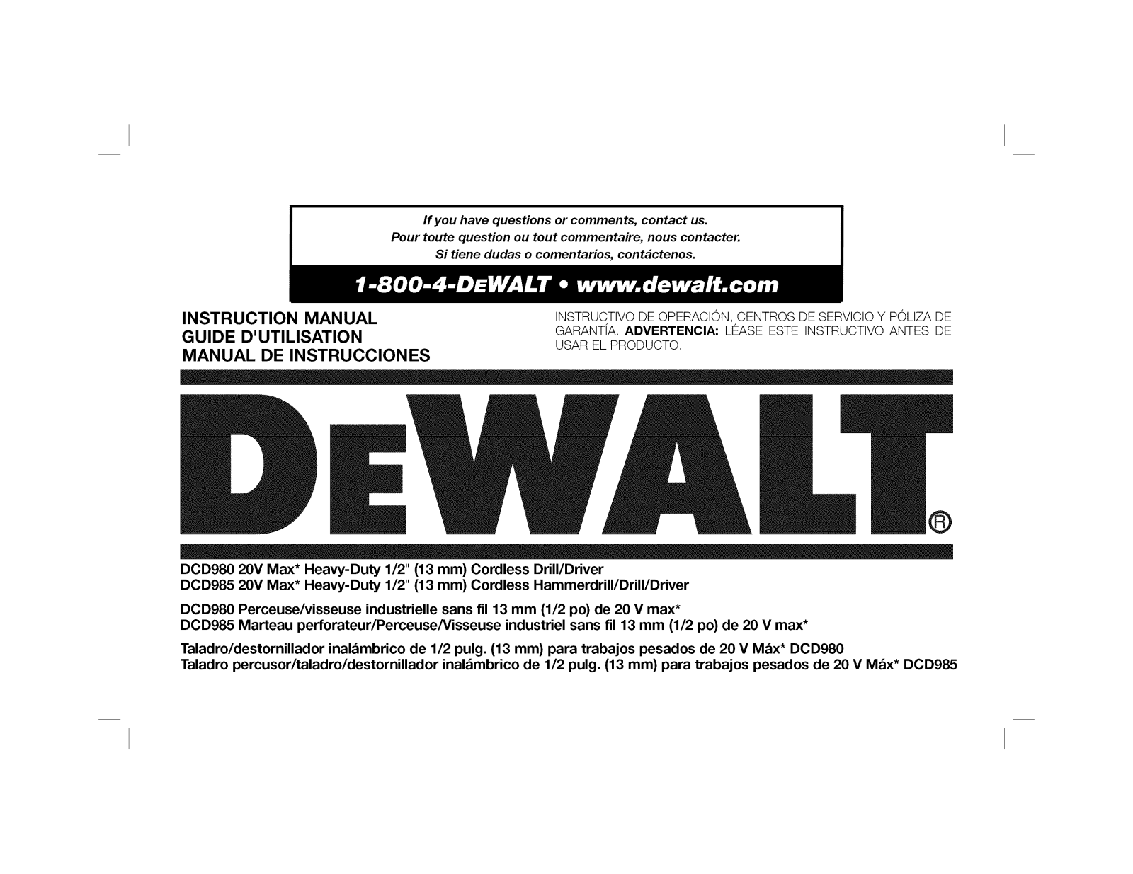 DeWalt DCD985B TYPE 2 Owner’s Manual