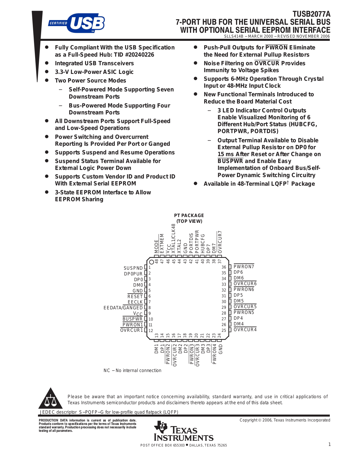 TEXAS INSTRUMENTS TUSB2077A Technical data