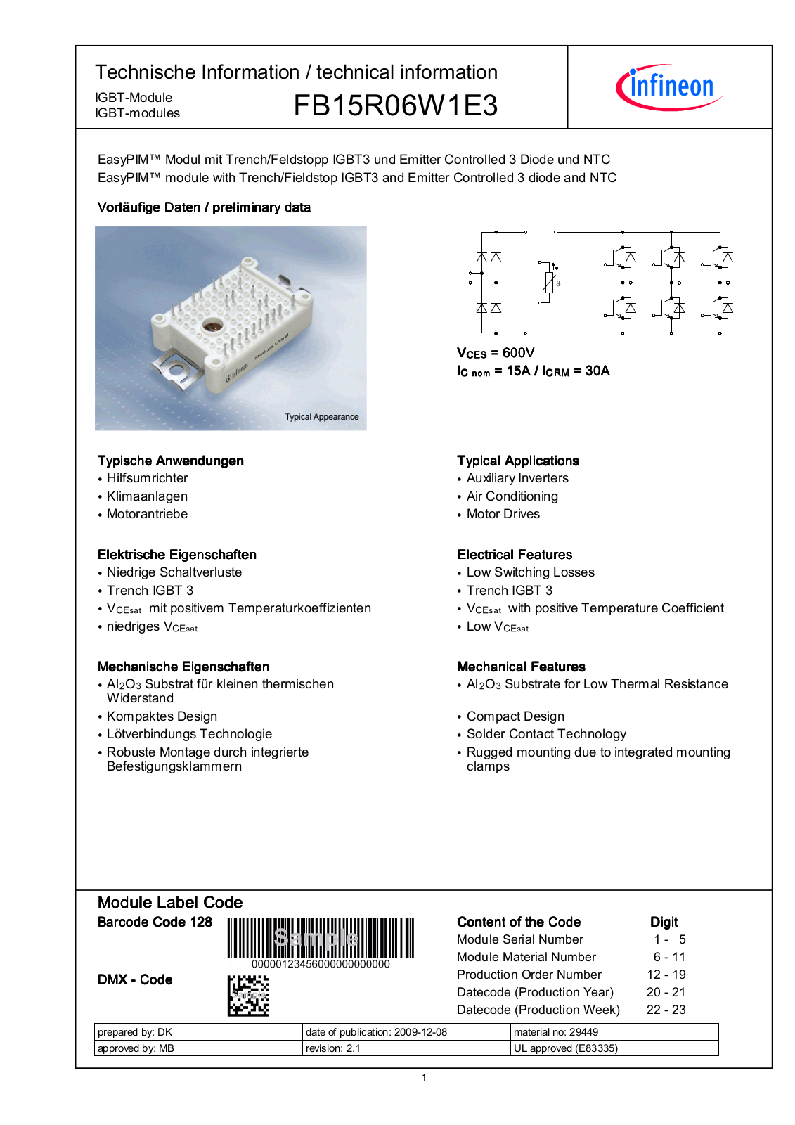 Infineon FB15R06W1E3 Data Sheet