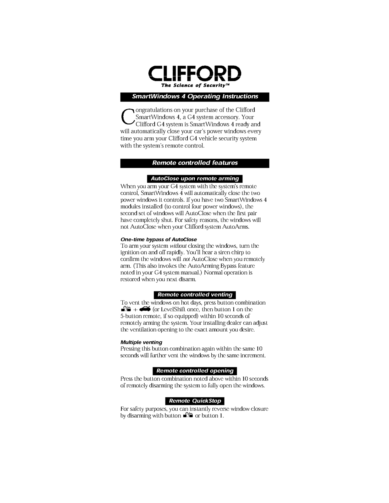 Clifford SmartWindows 4 Owners Guide