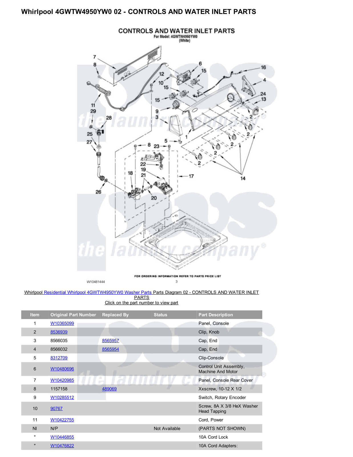 Whirlpool 4GWTW4950YW0 Parts Diagram