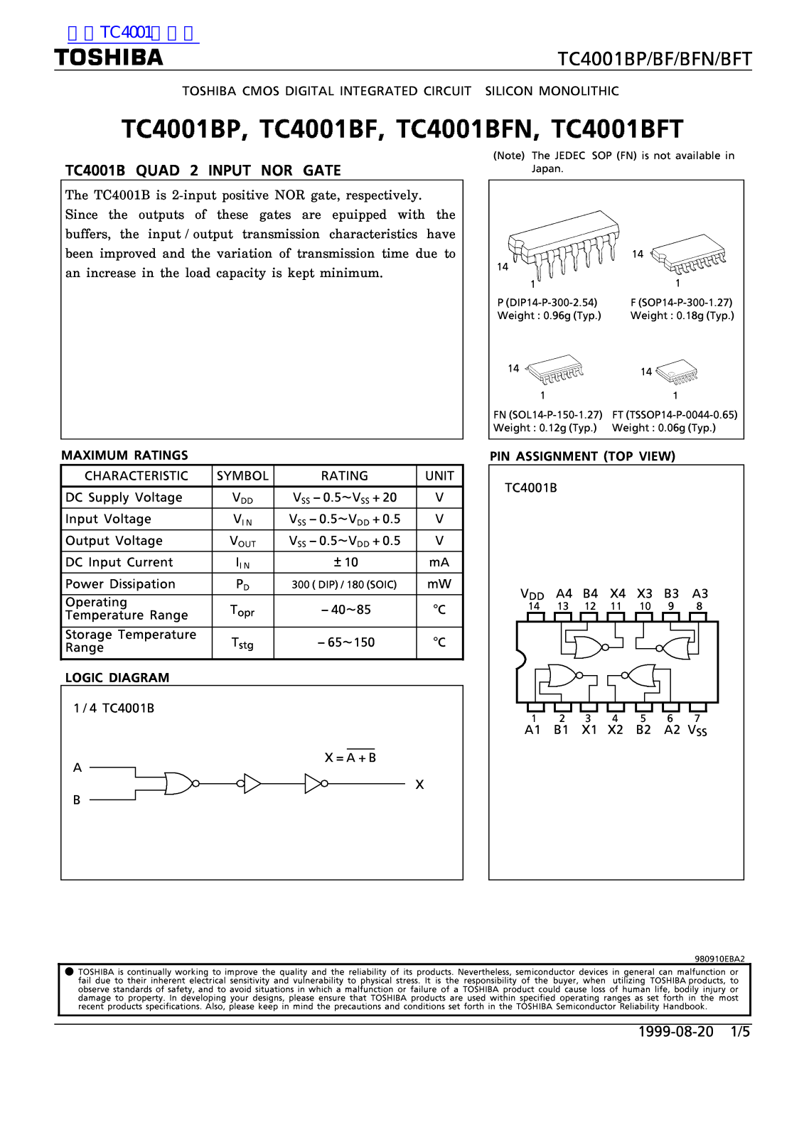 TOSHIBA TC4001BFN, TC4001BFT Technical data