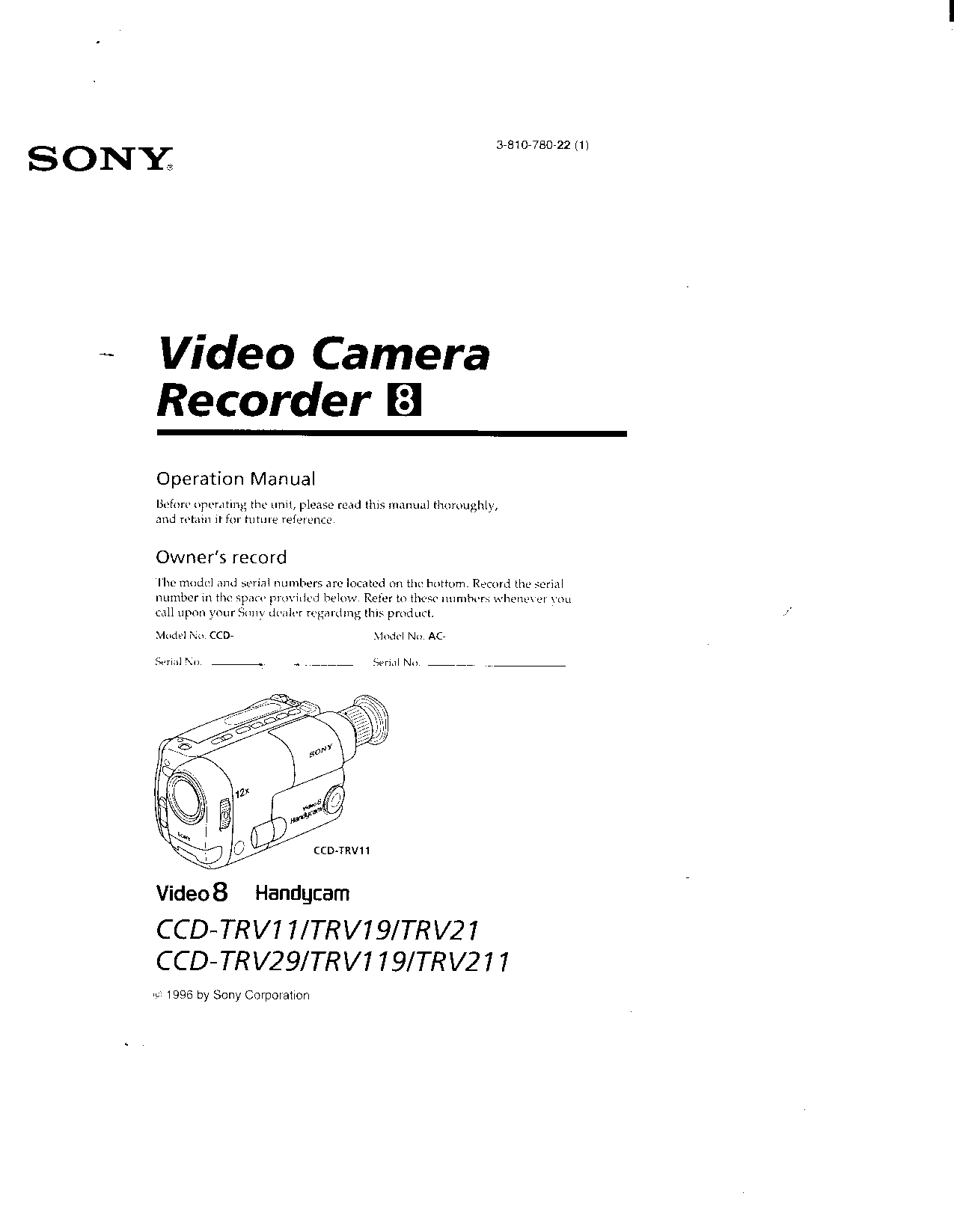 Sony CCD-TRV19, CCD-TRV211 Operating Instruction